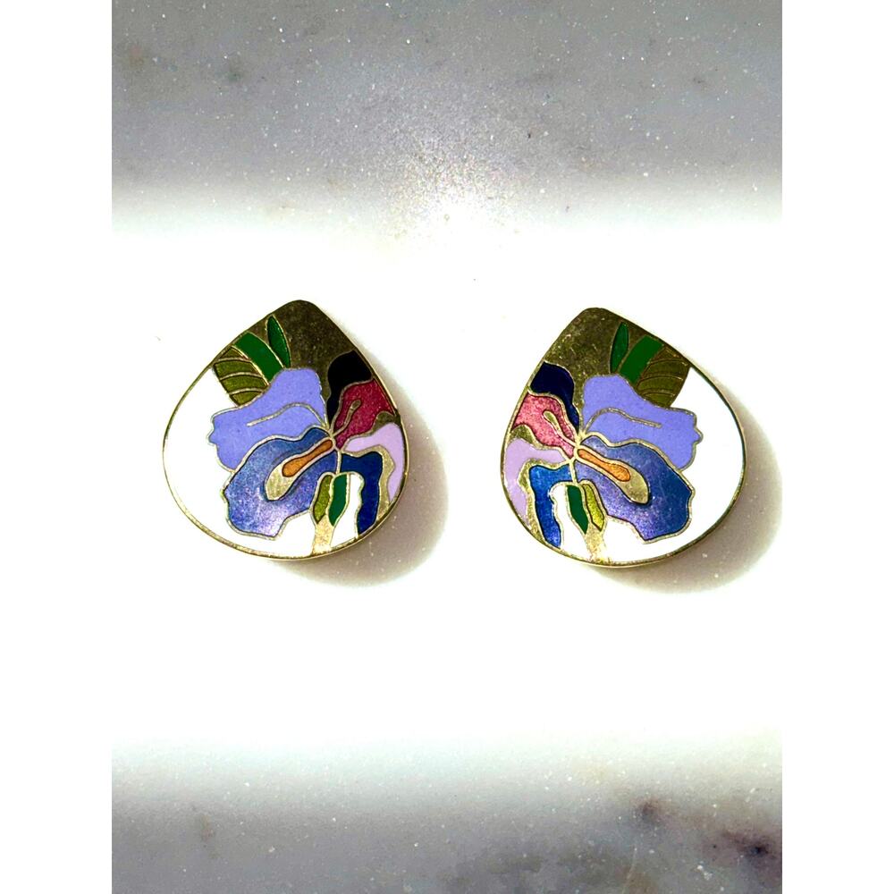 Gild Tone Multicolor Enamel Floral Cloisonné Teardrop Clip On Earrings
